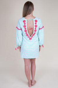 Magnifique tenue rose en coton brodé à manches longues, unité à rayures avec décor en Pom Pom, et motif Floral, dos profond, par lot de 5 - Product Image 4