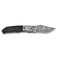 Couteau pliant à manche sculpté noir avec lame à motifs, poignées argentées et garnitures dorées, idéal pour le camping et la collection