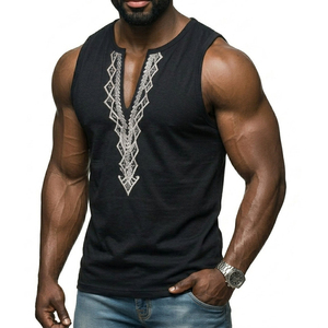 Men's Ethnic Embroidery Tank <b>Top</b> Deep Split Neck Sleeveless Muscle Tee Streetwear Fashion Custom Logo Wholesale Shirt Tank <b>Tops</b> - Product Image 4