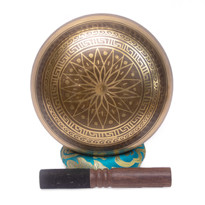 Bol chantant tibétain de 20 cm en laiton, gravé à la main avec mantra, 8 pouces, pour méditation et sonothérapie, avec marteau Vajra Mandala Cu - Product Image 2