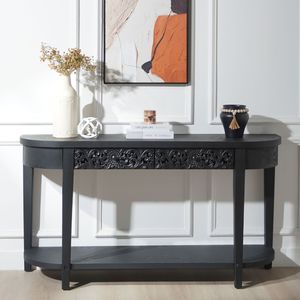 59.2in Elegant Black Carved Wooden <b>Console</b> <b>Table</b> with Lower <b>Storage</b> Shelf Two Drawers Decorative Accent for Entryway Living Room - Product Image 1