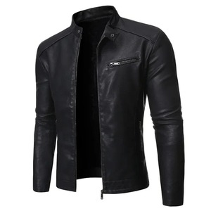 Men's <b>Slim</b> <b>Fit</b> PU Leather <b>Jacket</b> Stand Collar Zipper Closure Moto Biker Style Autumn Wear - Product Image 3
