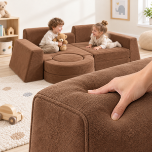 Canapé modulaire en forme de L Kisd avec coussin de dossier, accoudoirs carrés, convertible, extensible, en tissu microfibre marron pour salon - Product Image 6