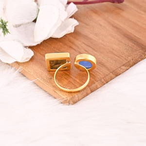Designer <b>Labradorite</b> & Blue Chalcedony Two Stone <b>Ring</b> Gold Plated Adjustable Fashion Jewelry for Women - Product Image 5