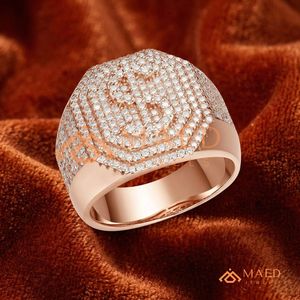 Men's Rose Gold Iced Out Dollar Sign Ring - High Polish Finish <b>Pink</b> Gold Finish Lab-Diamond Money Sign Signet Ring - Product Image 1
