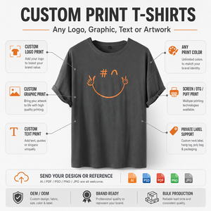 T-shirt unisexe gris foncé uni à manches courtes avec imprimé visage souriant orange sur le devant, col rond décontracté en jersey de coton, coupe classique - Product Image 3