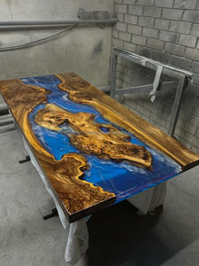 Modern Live Edge Solid Wood Epoxy Dining Table <b>Blue</b> Resin <b>Top</b> Durable Handmade Construction Premium Dining Room Furniture Entry - Product Image 4