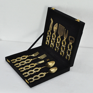 Caja de regalo premium, juego de cubiertos y cuchillos para queso hechos a mano en oro, 10 piezas, aptos para contacto con alimentos, juego de cubiertos de alta calidad estilo herradura. - Product Image 1