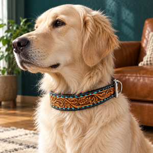 Collar de Perro de Cuero Repujado con Turquesa, Diseño Occidental Tallado a Mano |   Collar Ajustable Acolchado para Perros con Estilo Distintivo - Product Image 3