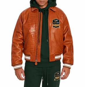 Men's Leather Crocodile Embossed Bomber <b>Jacket</b> Custom Logo Varsity <b>Jacket</b> <b>Vintage</b> <b>Motorcycle</b> <b>Jacket</b> Wholesale Manufacturer - Product Image 3