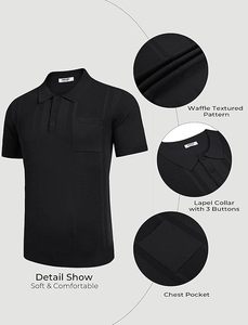 Chemises polo en tricot pour hommes, manches courtes, polo texturé, coupe ajustée, t-shirt à col d'été avec poche - Product Image 5