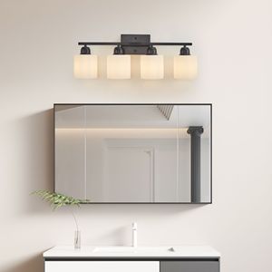 4 <b>Light</b> Modern Bathroom <b>Vanity</b> <b>Light</b> <b>Mirror</b> Black and Milky White Frosted Glass Shades E26 Wall Sconces - Product Image 1