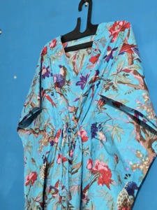 Robe Kaftan Inde 100% Coton Écologique ODM pour Femme, Taille Unique, Imprimé Oiseaux Verts, Douce et Ample, Été, Fermeture Élastique à la Taille - Product Image 4