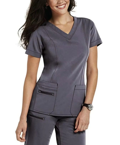 Women Gray V-Neck <b>Scrub</b> <b>Top</b> With Pockets Polyester Cotton Blend Hospital Uniform <b>Scrub</b> <b>Tops</b> - Product Image 1