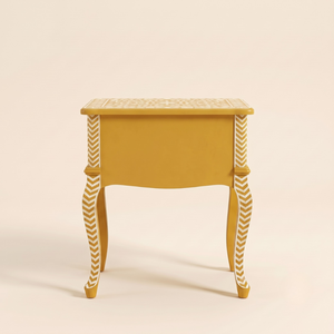 Mesita de Noche de Madera Artesanal Ecológica con Incrustaciones Florales Amarillas Modernas de Lujo, con 1 Cajón - Product Image 2