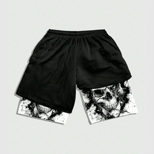 Pantalones Cortos Deportivos para Hombre, Negros, con Estampado de Calavera, Cintura Media, Elásticos, de Secado Rápido, Tejido de Poliéster y Algodón - Product Image 1