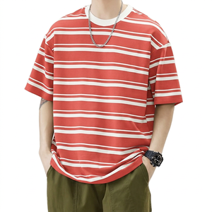 Men's Brown White Striped Crew Neck Short Sleeve <b>T</b>-<b>Shirt</b> Loose Fit 100% Cotton Summer Breathable Casual Top - Product Image 2