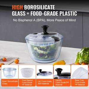 Con una mano facile da premere 4,75 qt di vetro borosilicato alto Spinner per insalata grande asciugatrice per verdure e coperchio per ciotola senza BPA per lattuga - Product Image 4