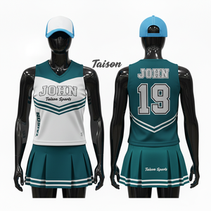 เสื้อเชียร์ลีดเดอร์ผู้หญิง GSM พรีเมียม โพลีเอสเตอร์ ระบายอากาศได้ดี สีเขียวอมฟ้า ขาว ดีไซน์แผงวี  แบบซับลิเมชั่น สกรีนโลโก้ได้ตามต้องการ ชุดยูนิฟอร์มเชียร์ลีดเดอร์ - Product Image 4