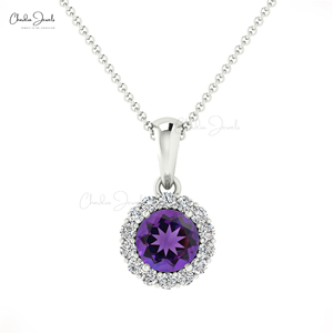 Luxury Prong-Set 4mm Amethyst & Diamond Halo <b>Pendant</b> 14k <b>Solid</b> <b>Gold</b> Charm <b>Pendant</b> Necklace Double Birthstone Gift for Her - Product Image 3