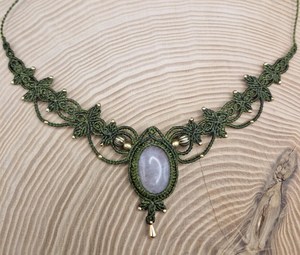 Handmade Green Macrame Necklace with Purple Amethyst Gemstone Oval Pendant Boho Bohemian Adjustable Wax Cord Braided Healing - Product Image 1