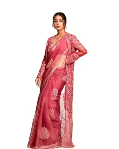 New Bollywood Mới Nhất Nhà Thiết Kế Phụ Nữ Bên Nhìn Ưa Thích Orangzas Saree Với Chine Chuỗi Làm Việc Koti Không Khâu Kéo Áo Người Nổi Tiếng