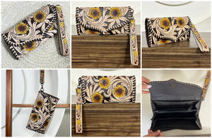 กระเป๋าสตางค์หนังแท้ลายดอกทานตะวันแบบสั่งทำพิเศษปี 2026 พร้อมสายคล้องมือ หนังวัวลายดอกไม้สไตล์ตะวันตกสำหรับสุภาพสตรี - Product Image 3