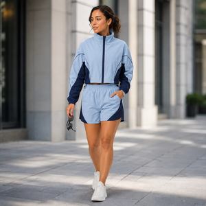 Ensemble veste et short de sport pour femme, color-block, manches longues, col montant, respirant, en polyester tricoté - Product Image 1