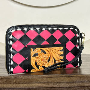 Hot Selling <b>Pink</b> Black Checker Diamond Pattern Genuine Leather Wristlet Wallet Cute Card & Cash Holder Women Evening <b>Clutch</b> <b>Bags</b> - Product Image 3