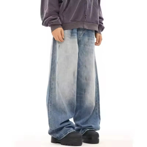 Jean ample bleu pour homme, taille haute, coupe décontractée, denim délavé vintage, pantalon streetwear oversize - Product Image 3