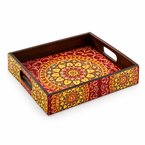 Plateau de service décoratif en bois avec motif mandala émaillé |   Plateau carré de 11 pouces avec poignées découpées, table multifonctionnelle pour mariage et repas - Product Image 1