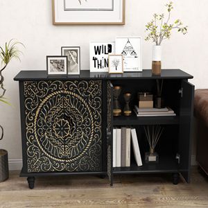 Buffet en bois sculpté vintage de 48 pouces avec 4 portes, grand espace de rangement, armoire décorative pour salon - Product Image 2