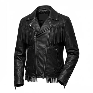 Men's Black Genuine Leather <b>Biker</b> <b>Jacket</b> With Fringe Turn-down Collar Zipper Closure Regular Fit Autumn Wear - Product Image 3