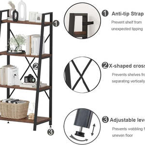 Étagère à 4 niveaux en bois d'acacia massif avec structure en métal noir pour salon, bureau, rangement et présentation à domicile - Product Image 2