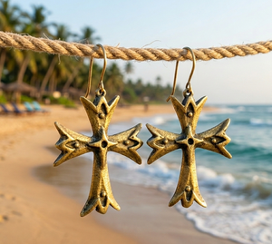 Pendientes Colgantes Barrocos de Latón Antiguo Hechos a Mano con Diseño Cristiano de Cruz, Joyería Arquitectónica Vintage para Mujer, Uso Ceremonial - Product Image 3