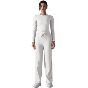 Nouvel ensemble de yoga 2 pièces pour femme, automne-hiver, asymétrique, coupe ajustée, manches longues, couleur unie, antibactérien, avec pantalon large légèrement évasé - Product Image 2