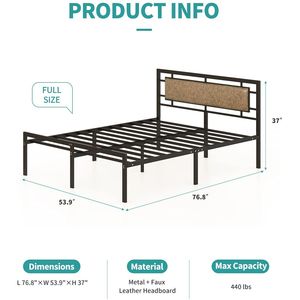 Mecor Vintage Rustic Brown Faux Leather Headboard Strong Metal Slats Support Full Size <b>Platform</b> <b>Bed</b> <b>Frame</b> Metal <b>Beds</b> Product - Product Image 2