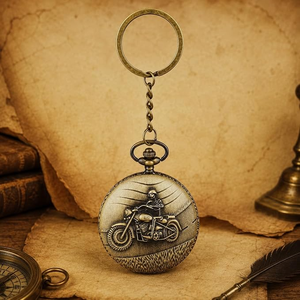 Vintage Metal Motorcycle Pocket Watch Keychain, Antique Brass Finish Round Embossed <b>Biker</b> Pendant Key <b>Ring</b> - Product Image 4