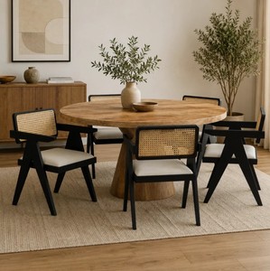 Ensemble de salle à manger en bois massif de style farmhouse, table rectangulaire et chaises, meubles en bois rustiques et modernes pour la maison, la villa, l'hôtel - Product Image 1
