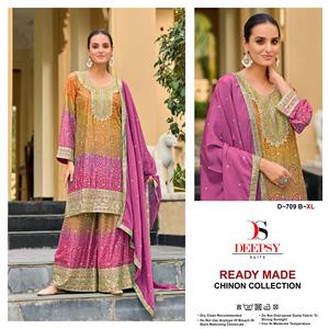 Élégant ensemble indien prêt-à-porter pour fête, shalwar kameez en chinon pur brodé avec palazzo et dupatta - Design ethnique moderne - Product Image 3