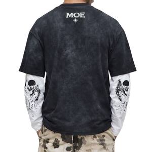 Wholesale Customized Layered Contrast Sleeve <b>Men</b>’s T-<b>Shirt</b> Mineral Wash Graphic Streetwear OEM Private Label Bulk Factory - Product Image 2