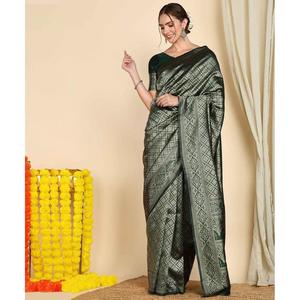 DESIGNER BANARASI <b>SILK</b> WEAVING WORK SAREE WITH UNSTITCHED BLOUSE <b>GREEN</b> - Product Image 1