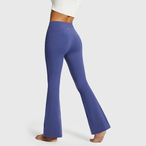 Pantalones de Mujer con Cintura Alta Elástica, Corte Acampanado, Bolsillos, Color Sólido, Tejido Elástico, Secado Rápido, Casuales, Largos, Azules, Spandex, Poliéster - Product Image 2