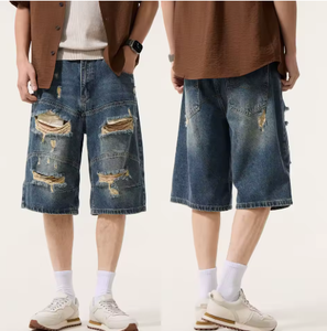 Shorts en jean baggy déchirés pour hommes, style streetwear, patchwork, trous, style hip-hop et motard - Product Image 1