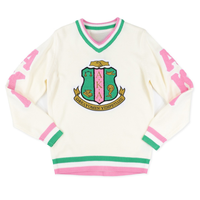Pull en laine ivoire AKA à col en V avec bordure rose et verte, pull tricoté pour femmes de la sororité grecque, doux, chaud, élégant, coupe décontractée, idéal pour tous les jours
