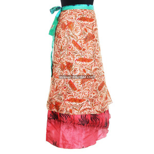 Jupes longues en soie recyclée pour filles, style sari, réversibles, 2 couches, imprimées, en tissu de soie - Product Image 4