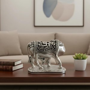 Silver Plated Kamdhenu Cow with Calf Idol-Auspicious Vastu Home Decor for Pooja Room and <b>Mandir</b> - Product Image 4