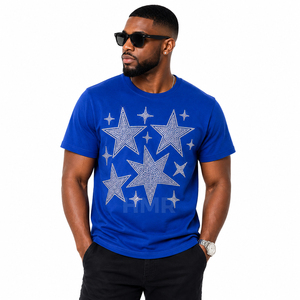 HMR Brotherhood Men's Designer Blue Rhinestone <b>Star</b> Graphic T <b>Shirt</b> Premium Streetwear Short Sleeve Tee - Product Image 1