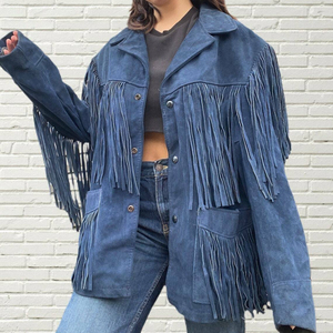 Premium Blue Genuine <b>Suede</b> <b>Leather</b> Women Fringe <b>Jacket</b> Loose Fit Regular Length Button Closure <b>Jacket</b> Customization Available - Product Image 6