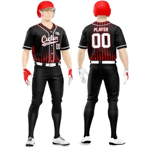 Uniforme de baseball personnalisé pour hommes, maillot sublimé noir et rouge rayé à manches courtes, tissu respirant pour toutes les saisons - Product Image 1